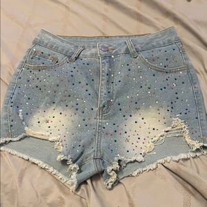 SHEIN Light Blue Embellished Jean Shorts
